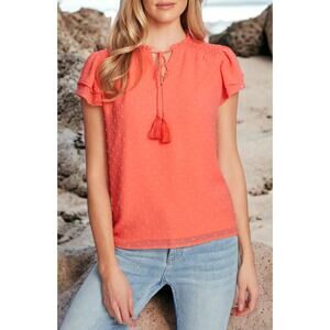 NWT - CeCe Clip Dot Flutter Sleeve Split Neck Top In Hot Lava Size: L